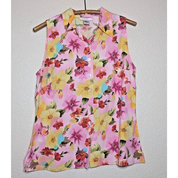 Pink Yellow Tropical Floral Silk Tank Top Size Medium Festival Retro Vacation - Picture 2 of 6